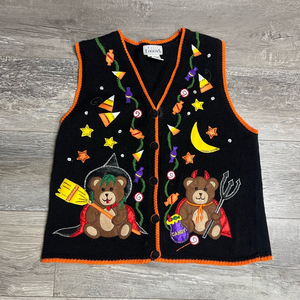 Vintage Basic Editions Halloween Bear Fall Ugly Sweater Vest Black Medium